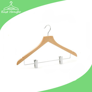 Shirt square head wooden hanger with notches and chrome clips